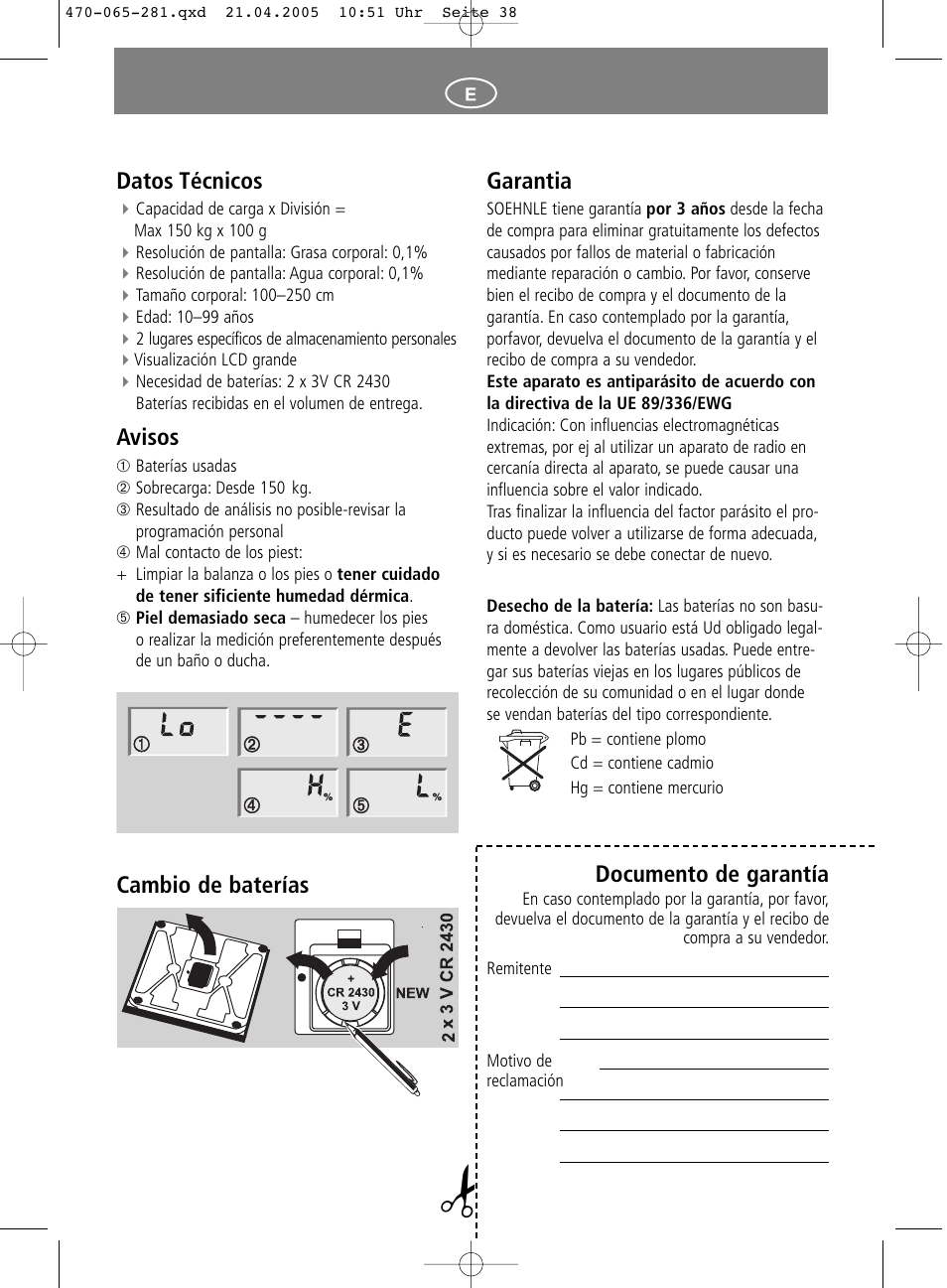 Garantia, Documento de garantía, Datos técnicos | Avisos, Cambio de baterías | SOEHNLE Body Balance Lago User Manual | Page 38 / 112