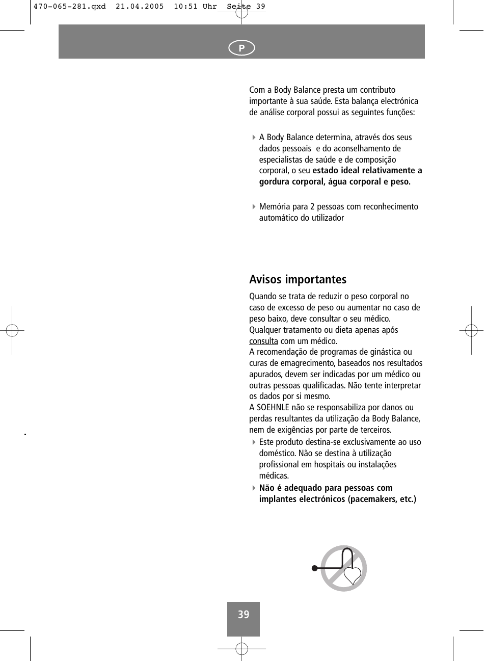 Avisos importantes | SOEHNLE Body Balance Lago User Manual | Page 39 / 112