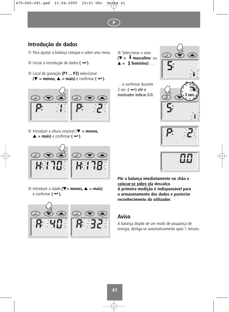 Aviso, Introdução de dados | SOEHNLE Body Balance Lago User Manual | Page 41 / 112