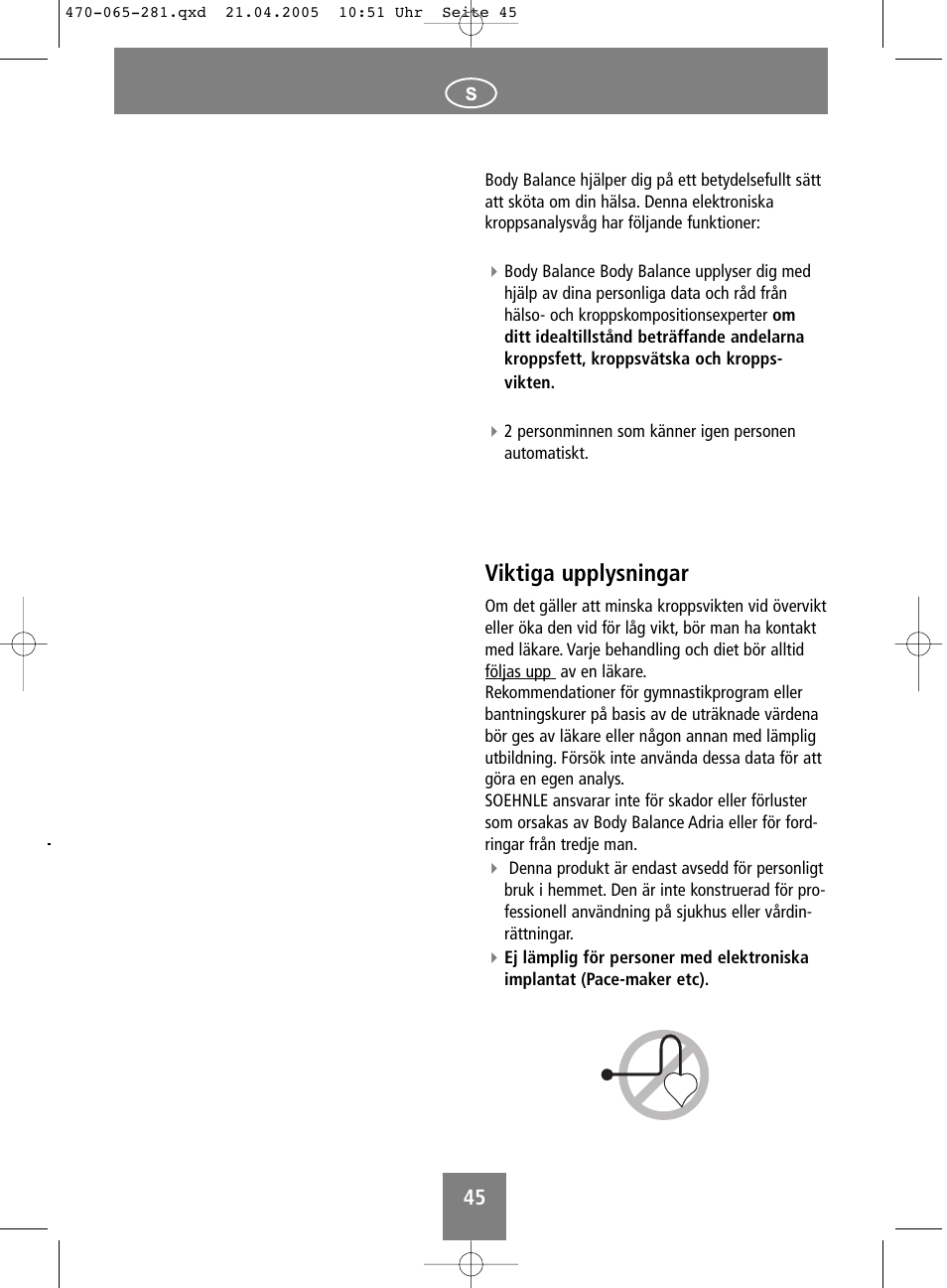 Viktiga upplysningar | SOEHNLE Body Balance Lago User Manual | Page 45 / 112