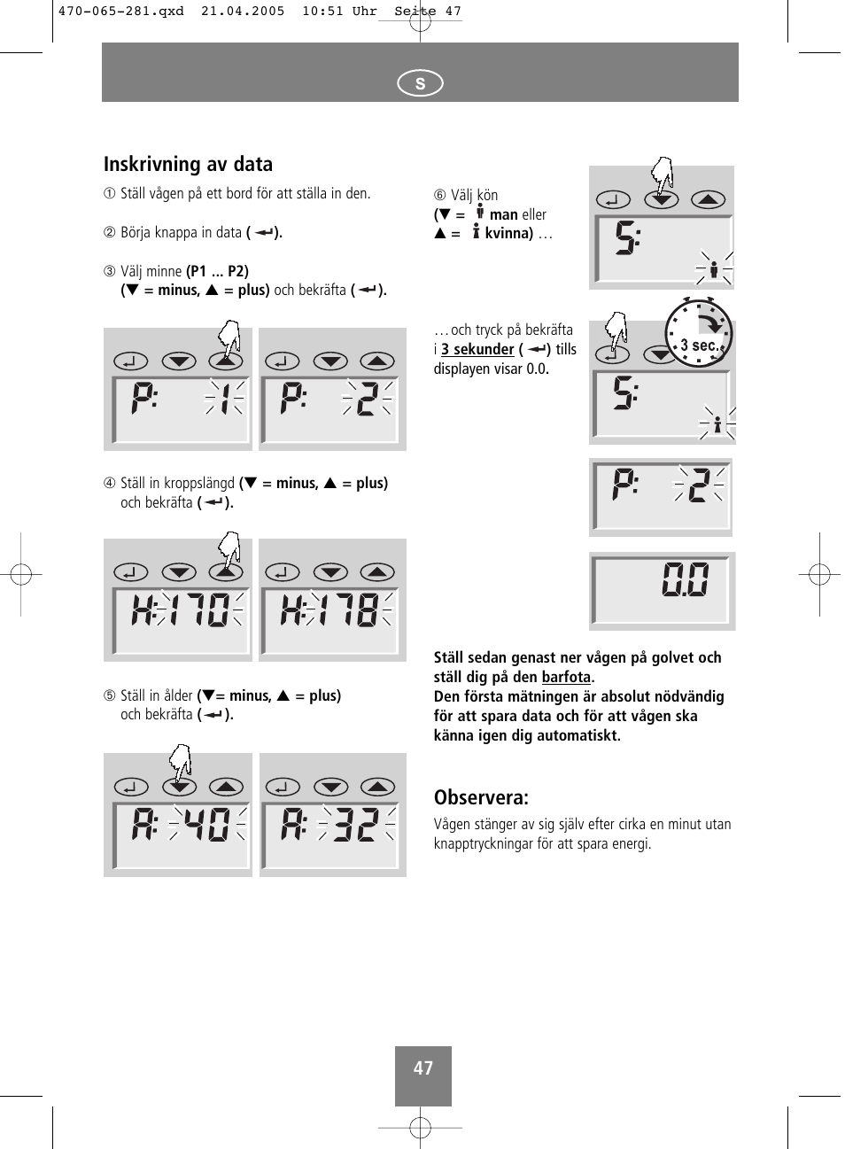 Observera, Inskrivning av data | SOEHNLE Body Balance Lago User Manual | Page 47 / 112