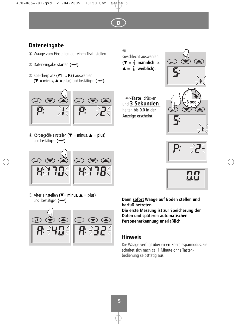 Dateneingabe, Hinweis, 3 sekunden | SOEHNLE Body Balance Lago User Manual | Page 5 / 112