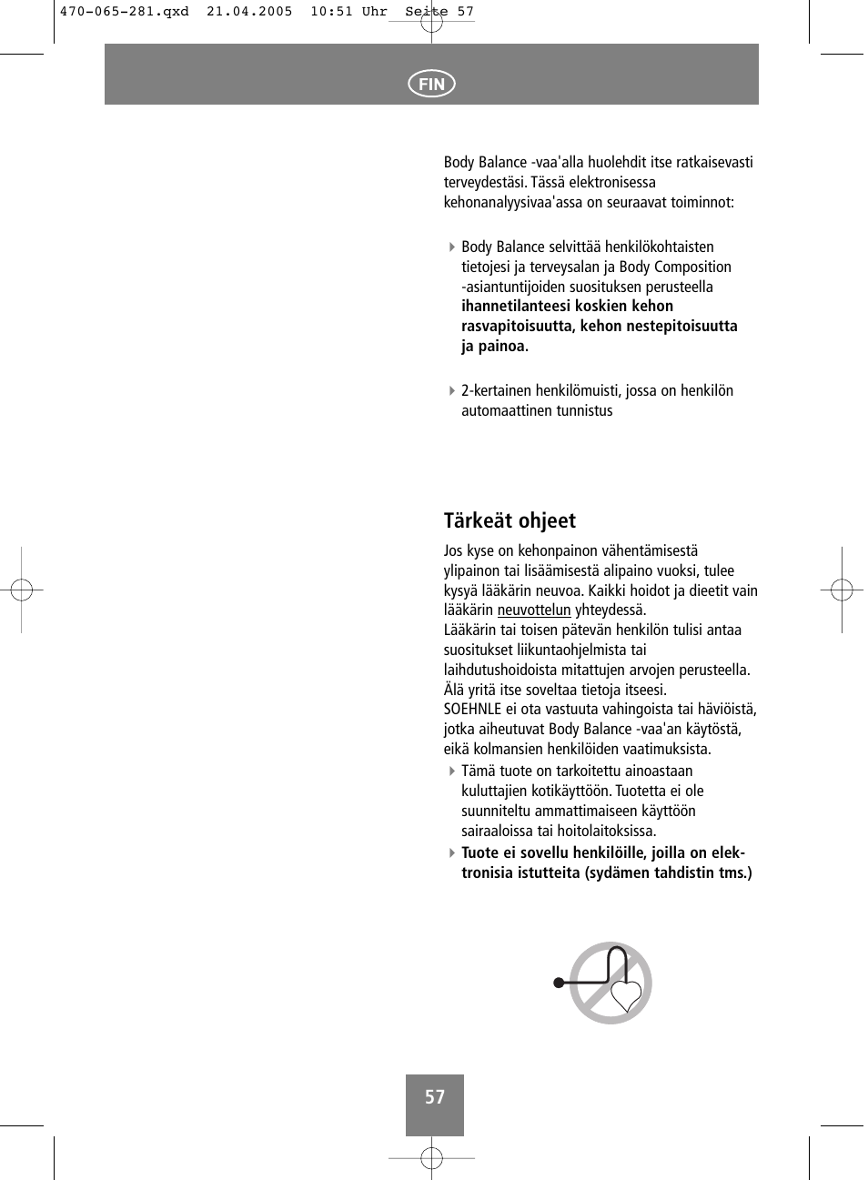 Tärkeät ohjeet | SOEHNLE Body Balance Lago User Manual | Page 57 / 112