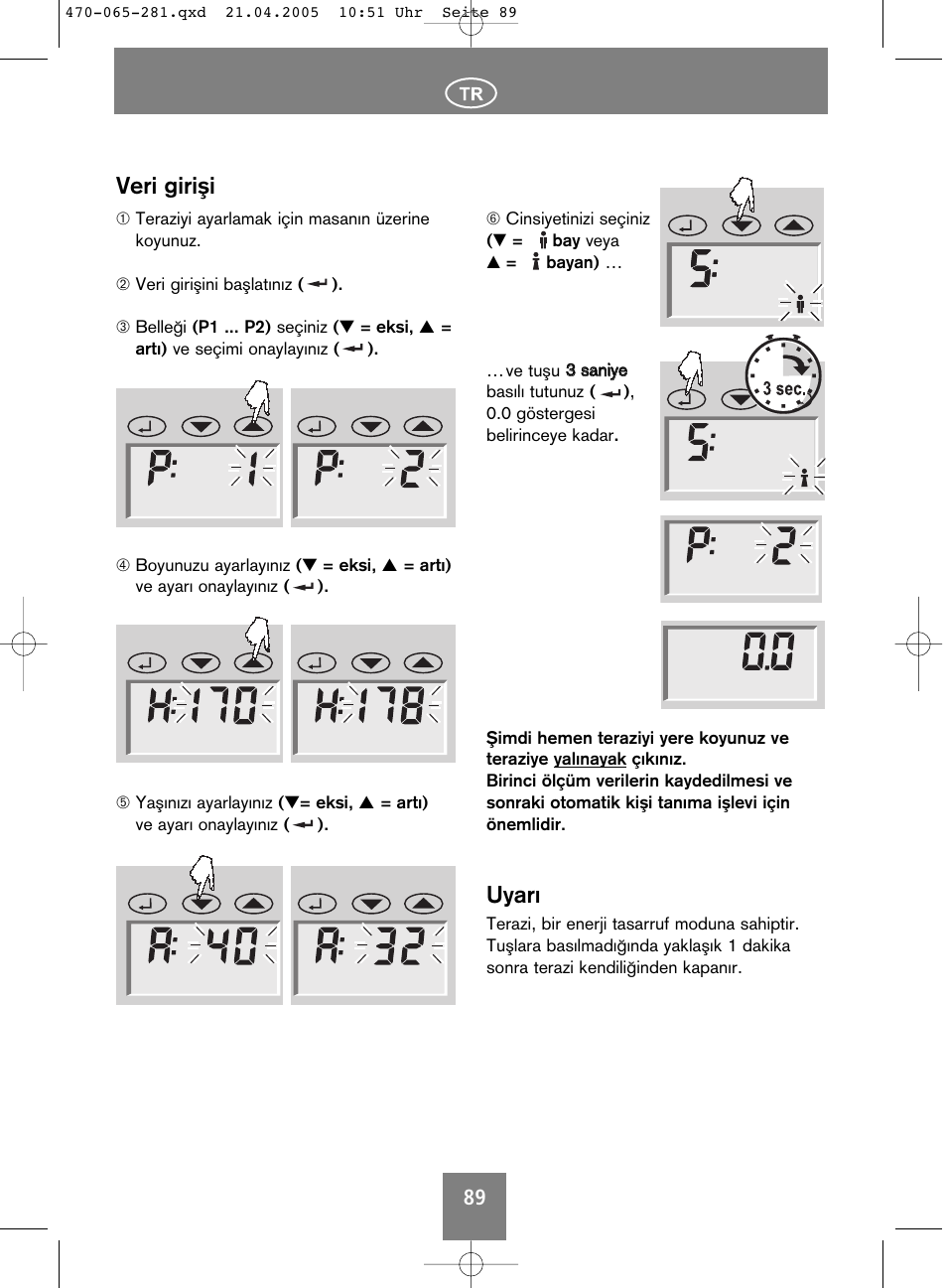 Uyarı, Veri giriµi | SOEHNLE Body Balance Lago User Manual | Page 89 / 112