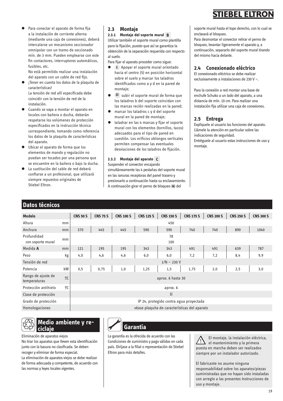 Datos técnicos, Medio ambiente y re- ciclaje, Garantía | 3 montaje, 4 conexionado eléctrico, 5 entrega | STIEBEL ELTRON CNS 50 S 11.05.2009 - 28.02.2010 User Manual | Page 19 / 34