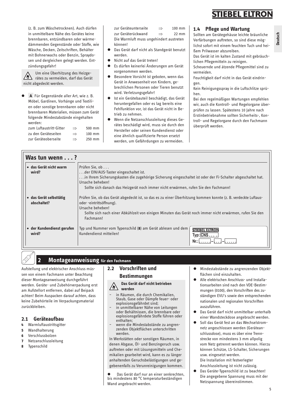 2 montageanweisung, Was tun wenn, 1 geräteaufbau | 2 vorschriften und bestimmungen, 4 pflege und wartung | STIEBEL ELTRON CNS 50 S 11.05.2009 - 28.02.2010 User Manual | Page 5 / 34