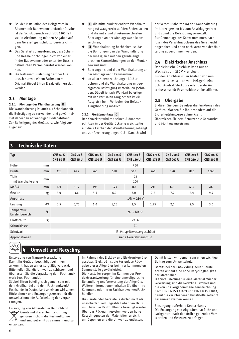 4 umwelt und recycling, 3 technische daten, 3 montage | 4 elektrischer anschluss, 5 übergabe | STIEBEL ELTRON CNS 50 S 11.05.2009 - 28.02.2010 User Manual | Page 6 / 34
