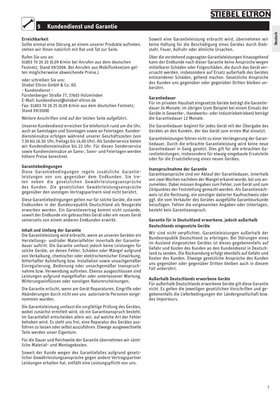 5 kundendienst und garantie | STIEBEL ELTRON CNS 50 S 11.05.2009 - 28.02.2010 User Manual | Page 7 / 34