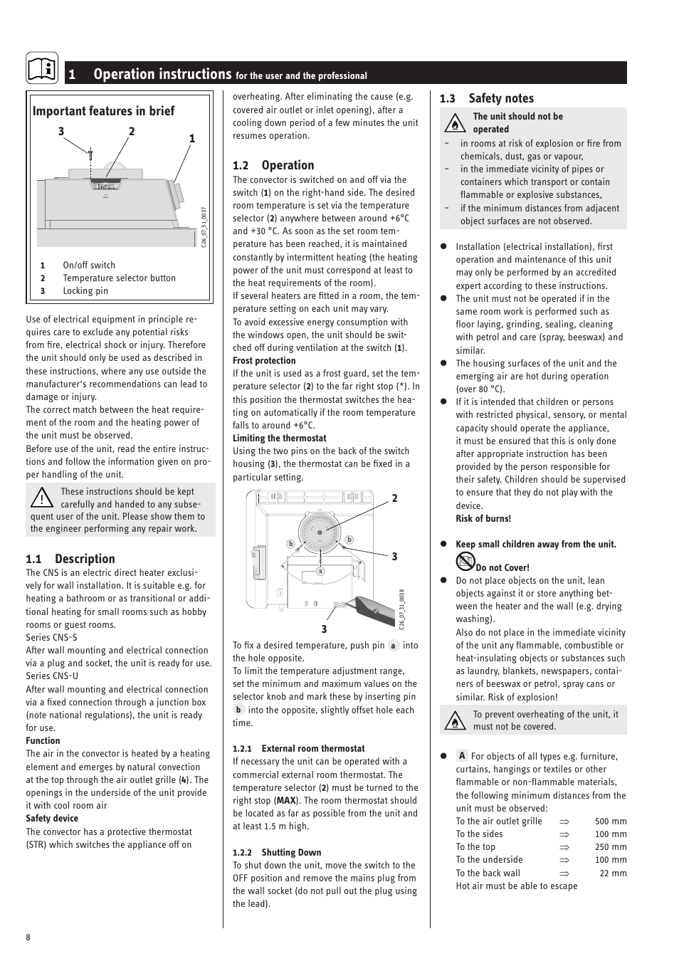 1 operation instructions, 1 description, 2 operation | Important features in brief | STIEBEL ELTRON CNS 50 S 11.05.2009 - 28.02.2010 User Manual | Page 8 / 34