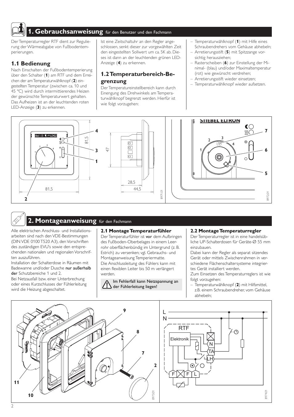 Gebrauchsanweisung, Montageanweisung, 1 bedienung | 2 temperaturbereich-be- grenzung, Rtf l n | STIEBEL ELTRON RTF 24.06.2003 - 19.12.2004 User Manual | Page 2 / 8