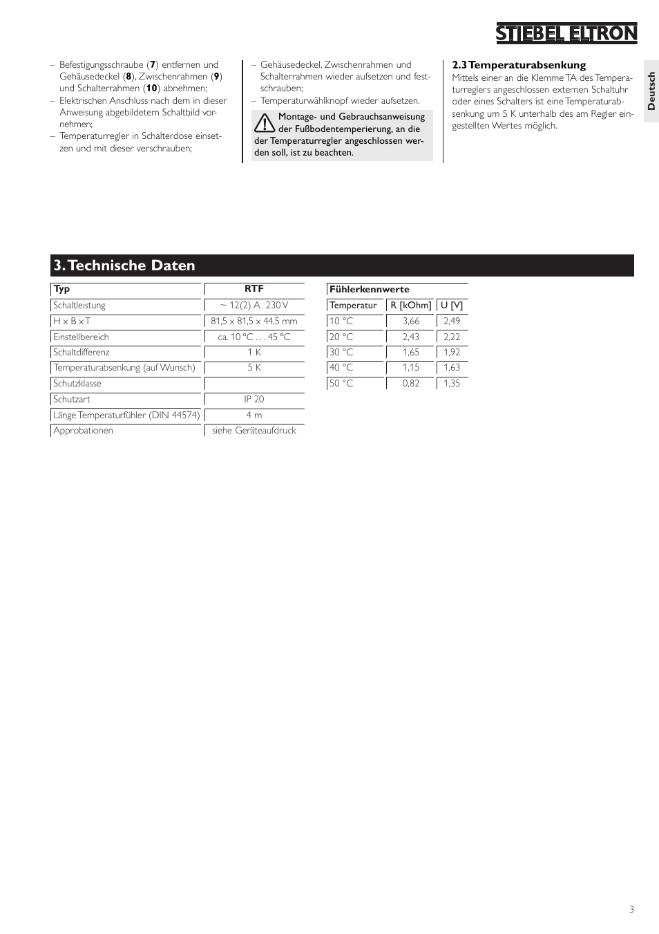 Technische daten | STIEBEL ELTRON RTF 24.06.2003 - 19.12.2004 User Manual | Page 3 / 8