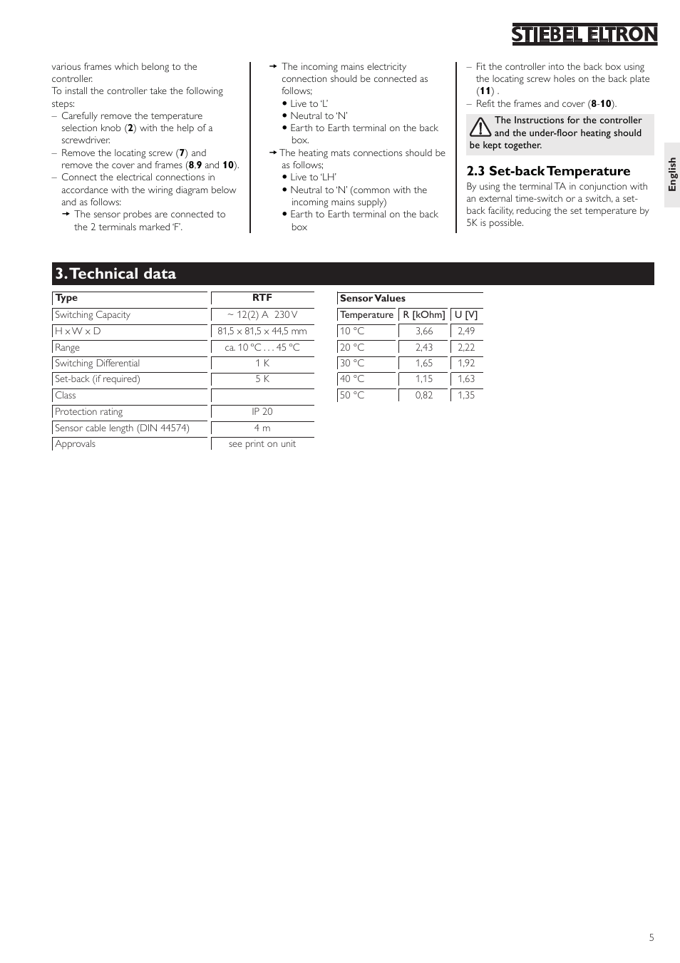 Technical data, 3 set-back temperature | STIEBEL ELTRON RTF 24.06.2003 - 19.12.2004 User Manual | Page 5 / 8