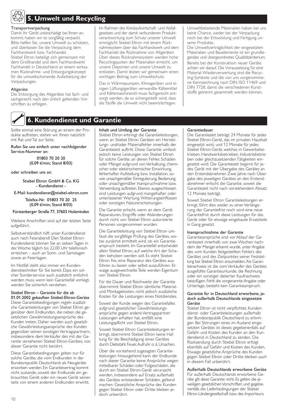 Kundendienst und garantie 5. umwelt und recycling | STIEBEL ELTRON SHW ... S 01.07.2003 - 23.01.2005 User Manual | Page 10 / 32