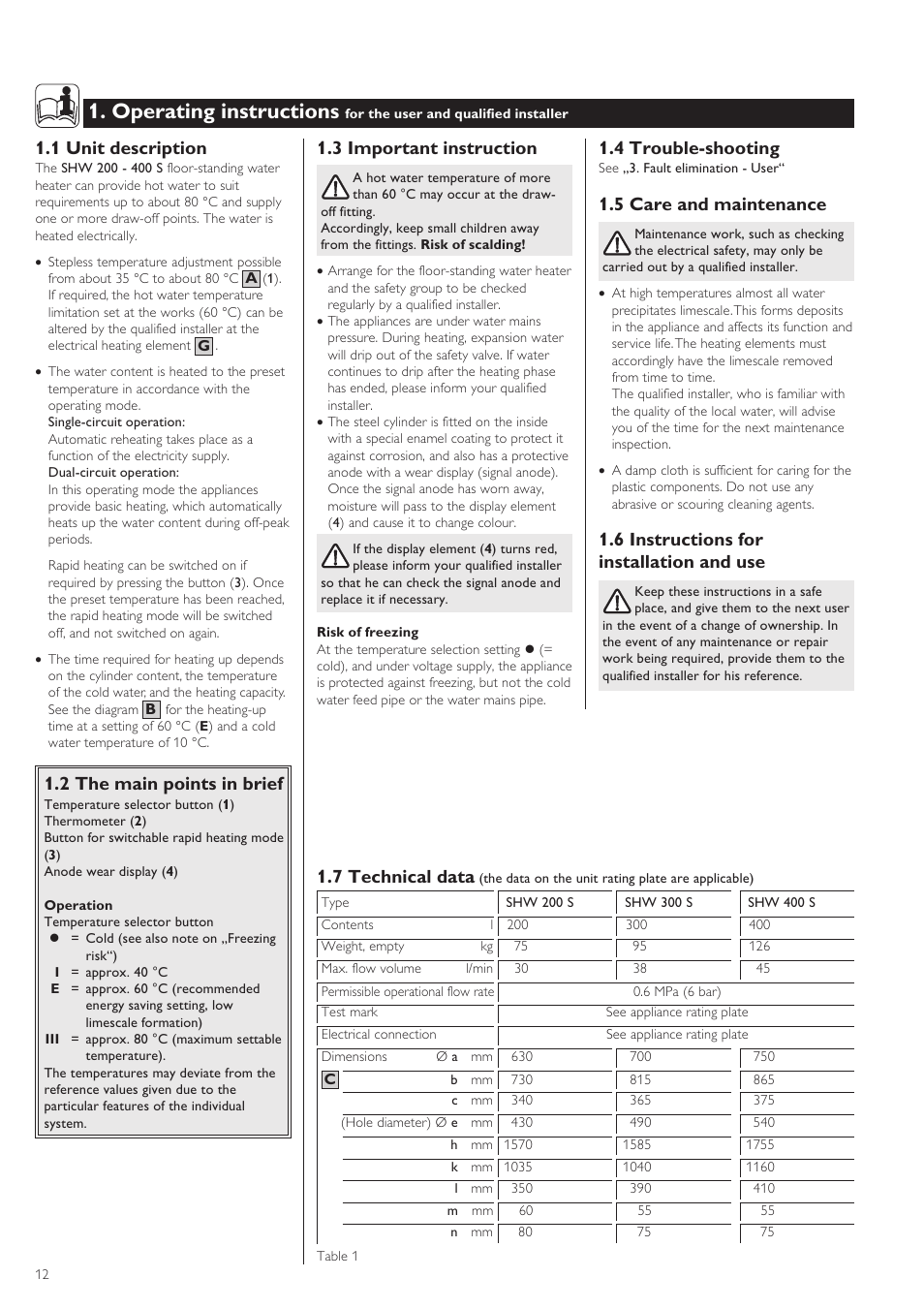 Operating instructions, 1 unit description, 2 the main points in brief | 3 important instruction, 4 trouble-shooting, 5 care and maintenance, 6 instructions for installation and use, 7 technical data | STIEBEL ELTRON SHW ... S 01.07.2003 - 23.01.2005 User Manual | Page 12 / 32