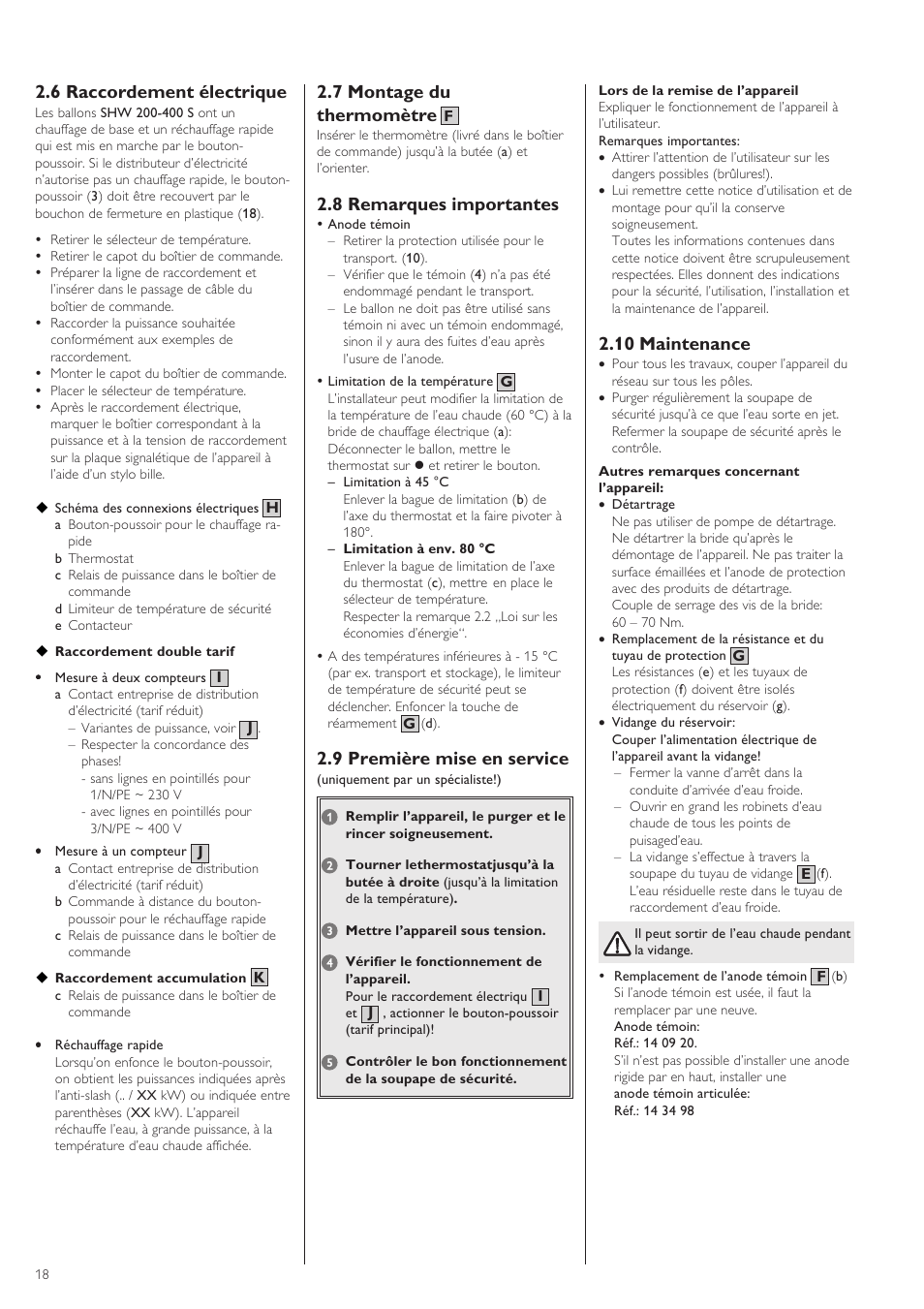 7 montage du thermomètre, 8 remarques importantes, 9 première mise en service | 6 raccordement électrique, 10 maintenance | STIEBEL ELTRON SHW ... S 01.07.2003 - 23.01.2005 User Manual | Page 18 / 32