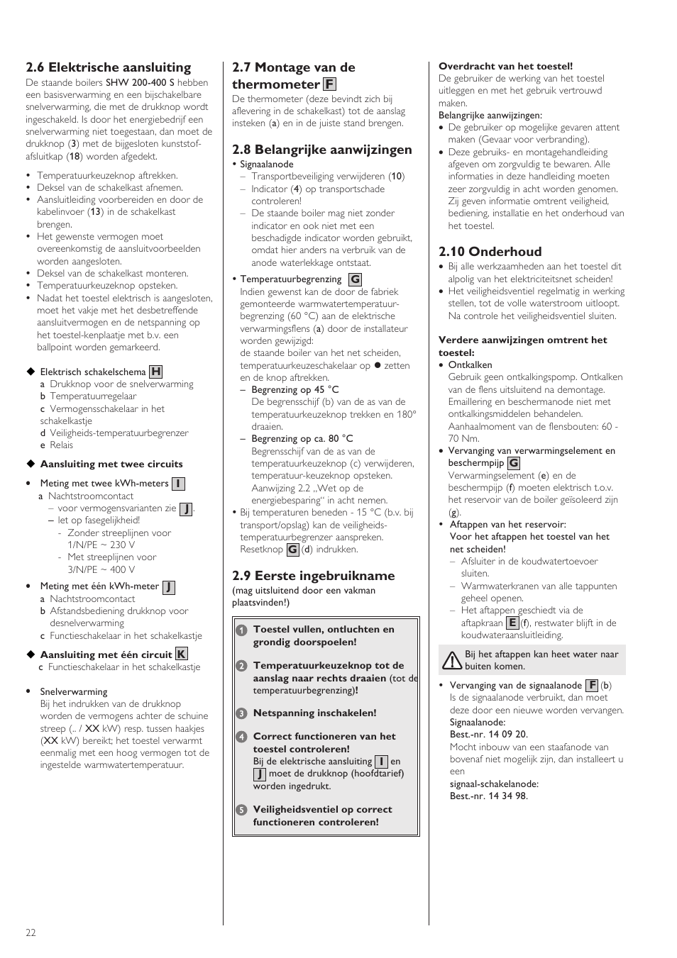 7 montage van de thermometer, 8 belangrijke aanwijzingen, 9 eerste ingebruikname | 6 elektrische aansluiting, 10 onderhoud | STIEBEL ELTRON SHW ... S 01.07.2003 - 23.01.2005 User Manual | Page 22 / 32