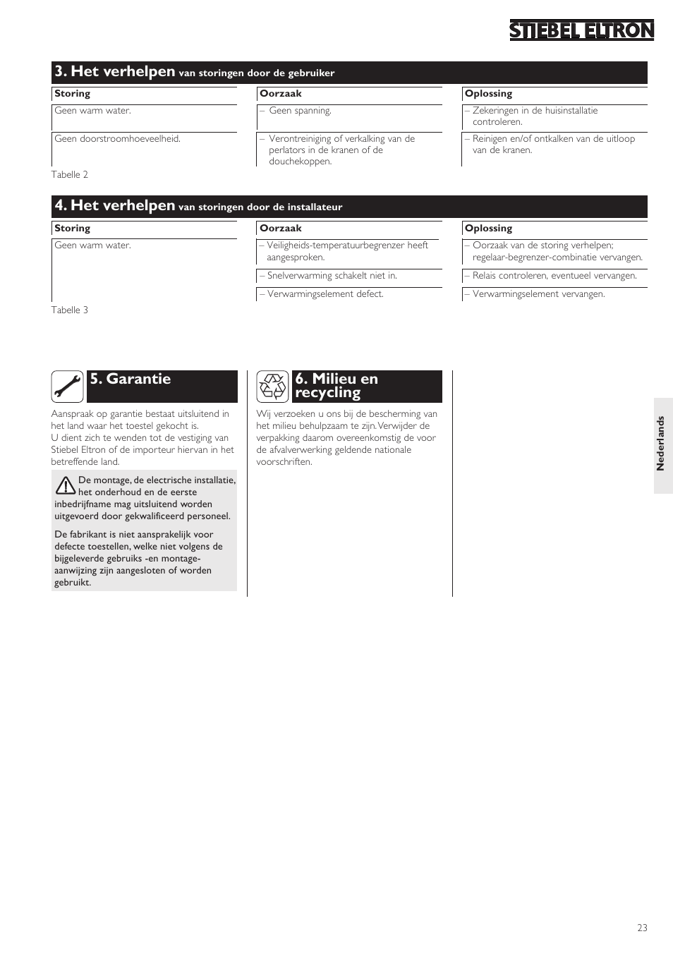 Het verhelpen, Garantie, Milieu en recycling | STIEBEL ELTRON SHW ... S 01.07.2003 - 23.01.2005 User Manual | Page 23 / 32