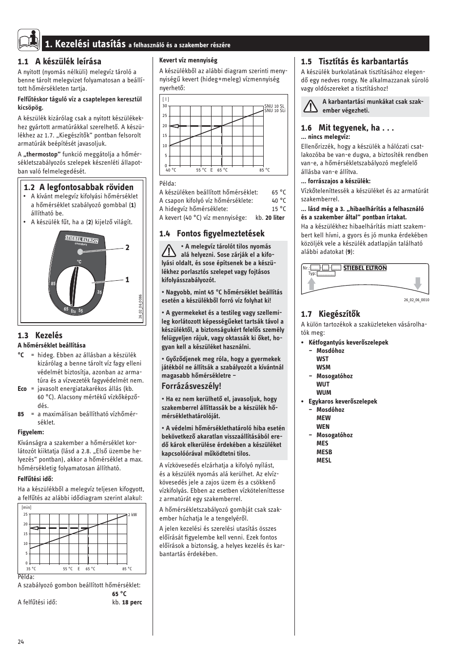Kezelési utasítás, 1 a készülék leírása, 2 a legfontosabbak röviden | 3 kezelés, 4 fontos ﬁgyelmeztetések, Forrázásveszély, 5 tisztítás és karbantartás, 6 mit tegyenek, ha, 7 kiegészítők | STIEBEL ELTRON SNU 10 SLi с 23.04.2007 User Manual | Page 24 / 30