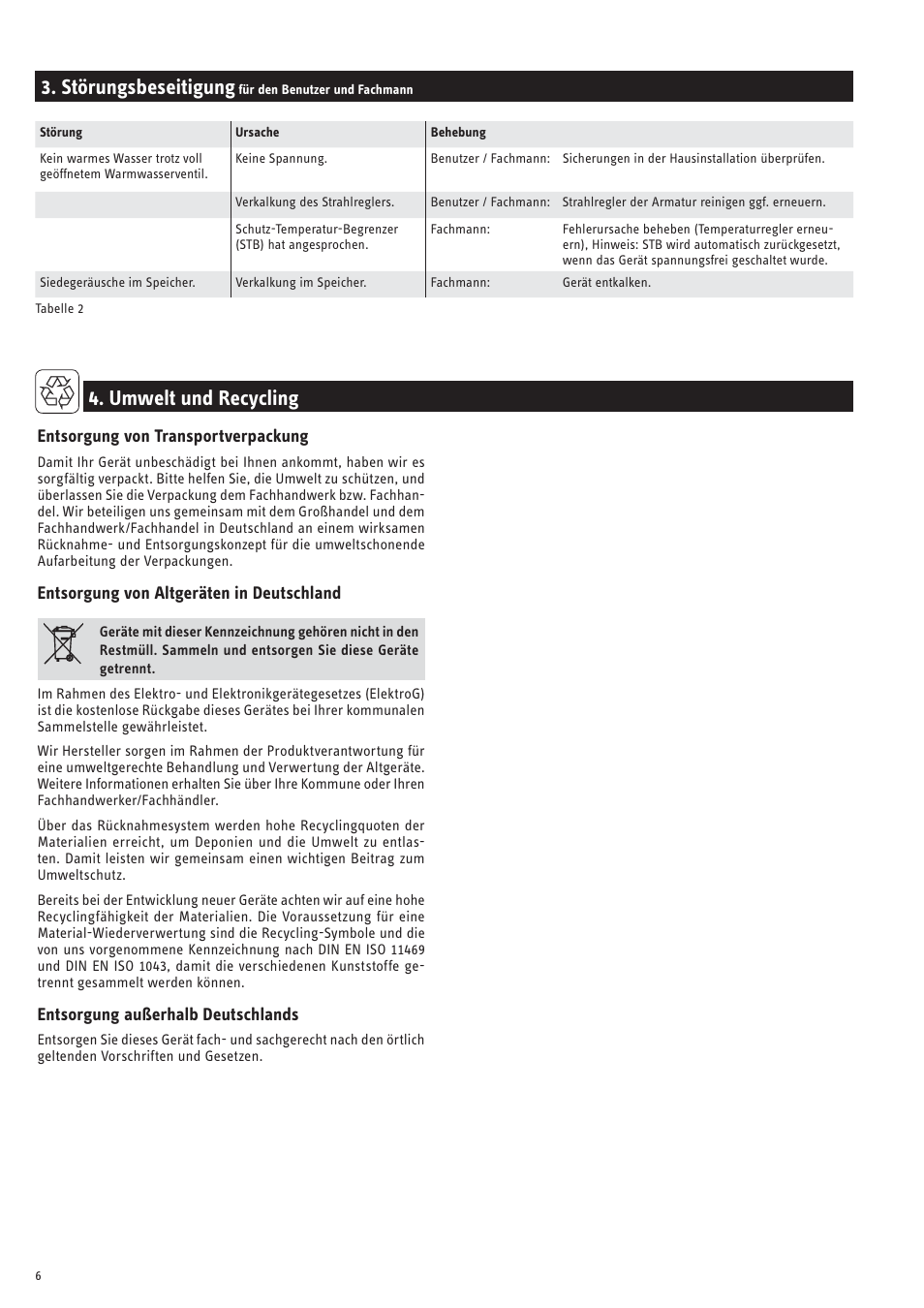 Störungsbeseitigung, Umwelt und recycling | STIEBEL ELTRON SNU 10 SLi с 23.04.2007 User Manual | Page 6 / 30