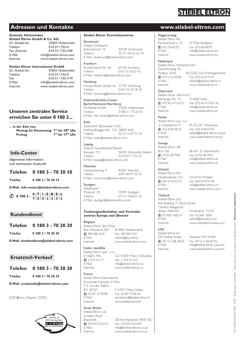 Info-center | STIEBEL ELTRON RTF Z 24.06.2003 - 19.12.2004 User Manual | Page 12 / 12