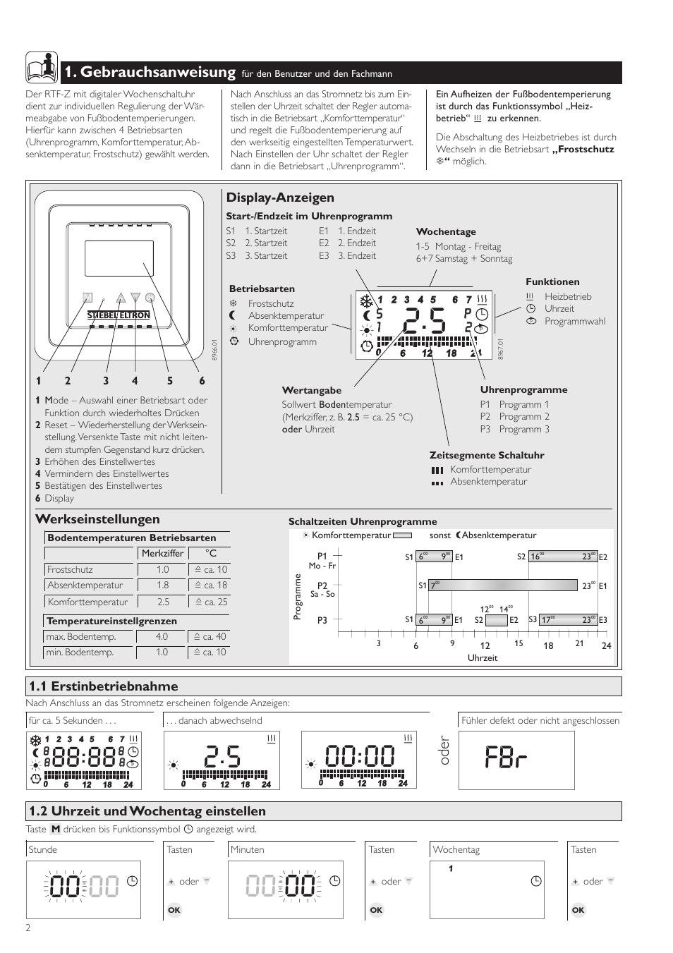 Oder 1. gebrauchsanweisung, P2 p 2 s 1 s 1, Werkseinstellungen | 1 erstinbetriebnahme | STIEBEL ELTRON RTF Z 24.06.2003 - 19.12.2004 User Manual | Page 2 / 12