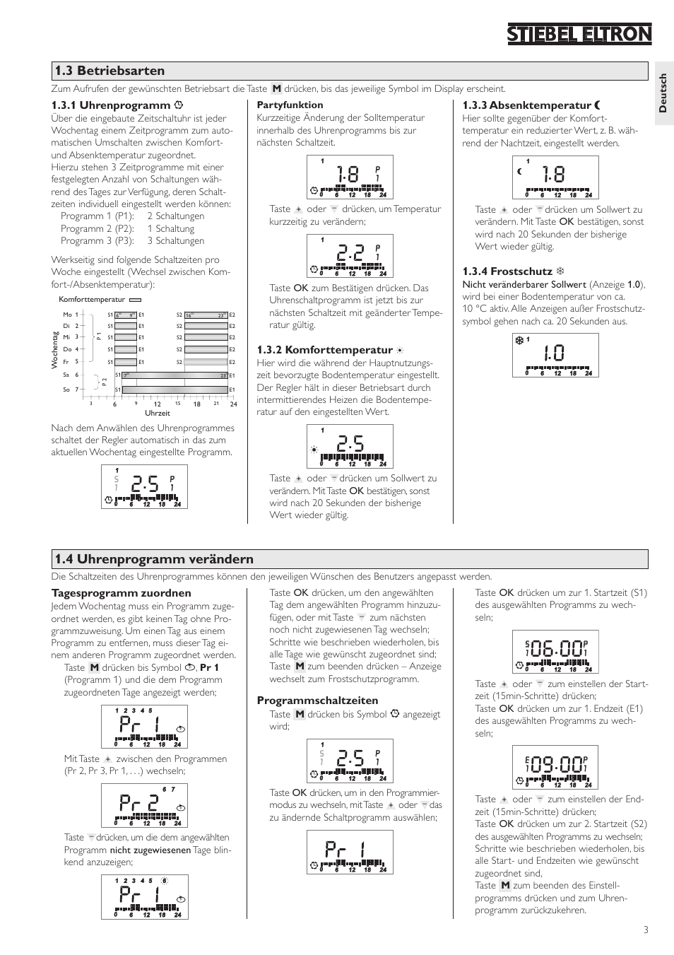 3 betriebsarten, 4 uhrenprogramm verändern, 1 uhrenprogramm | 2 komforttemperatur, 3 absenktemperatur, 4 frostschutz, Tagesprogramm zuordnen, Programmschaltzeiten | STIEBEL ELTRON RTF Z 24.06.2003 - 19.12.2004 User Manual | Page 3 / 12