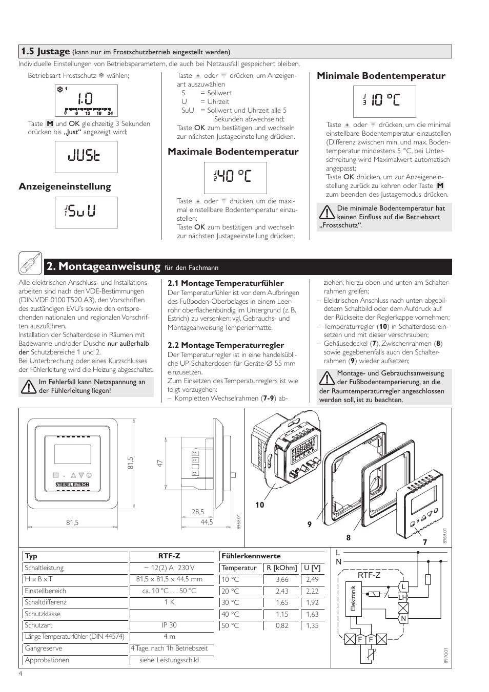 40 °c, Montageanweisung, 5 justage | Anzeigeneinstellung, Maximale bodentemperatur, Minimale bodentemperatur | STIEBEL ELTRON RTF Z 24.06.2003 - 19.12.2004 User Manual | Page 4 / 12