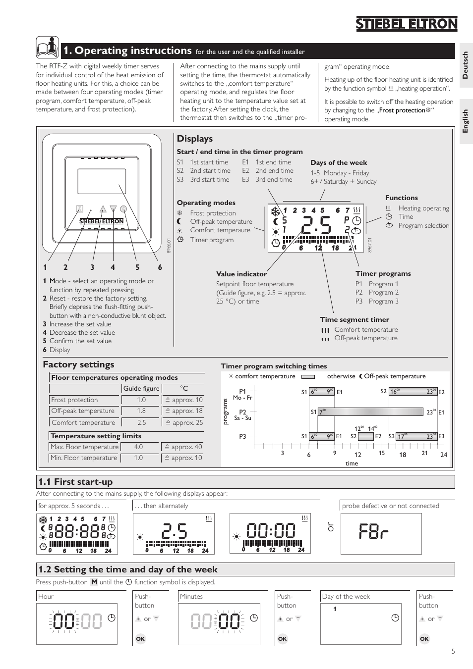 Or 1. operating instructions, P2 p 2 s 1 s 1, Factory settings | 1 first start-up, 2 setting the time and day of the week, Displays | STIEBEL ELTRON RTF Z 24.06.2003 - 19.12.2004 User Manual | Page 5 / 12