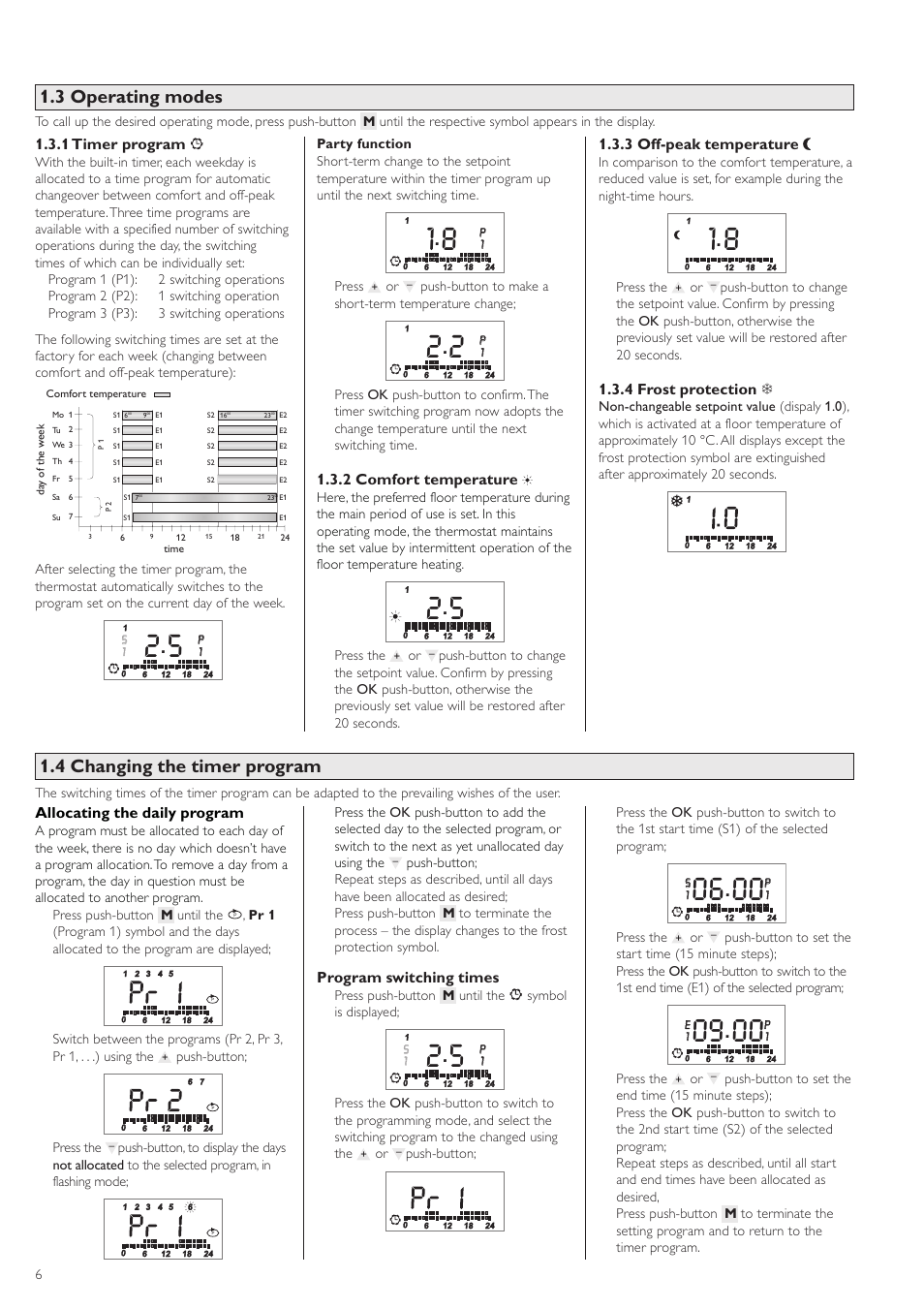 3 operating modes, 4 changing the timer program, 1 timer program | 2 comfort temperature, 3 off-peak temperature, 4 frost protection, Allocating the daily program, Program switching times | STIEBEL ELTRON RTF Z 24.06.2003 - 19.12.2004 User Manual | Page 6 / 12