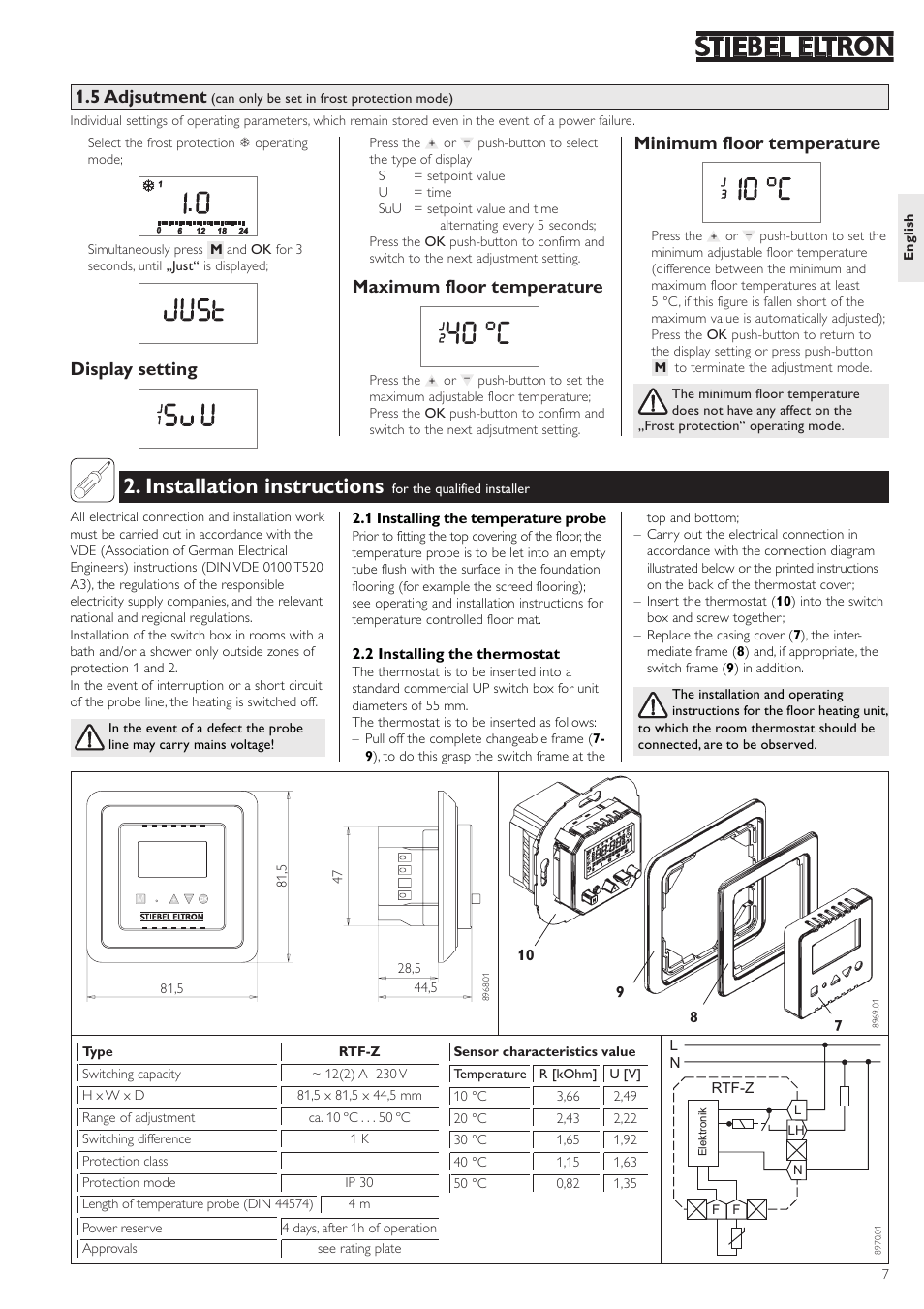 40 °c, Installation instructions, 5 adjsutment | Display setting, Maximum floor temperature, Minimum floor temperature | STIEBEL ELTRON RTF Z 24.06.2003 - 19.12.2004 User Manual | Page 7 / 12