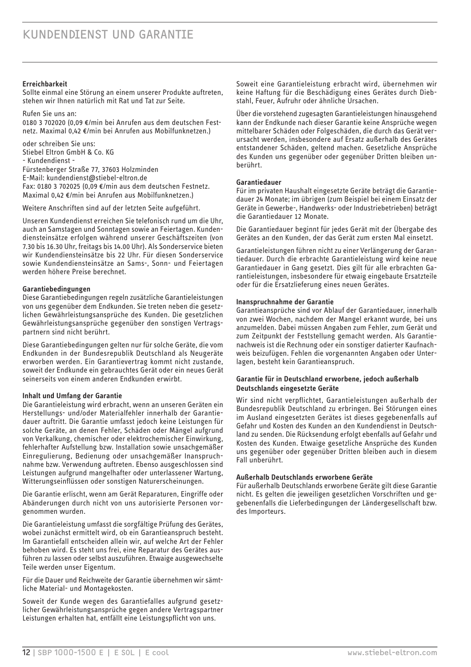 Kundendienst und garantie | STIEBEL ELTRON SBP E с 12.04.2008 User Manual | Page 12 / 64