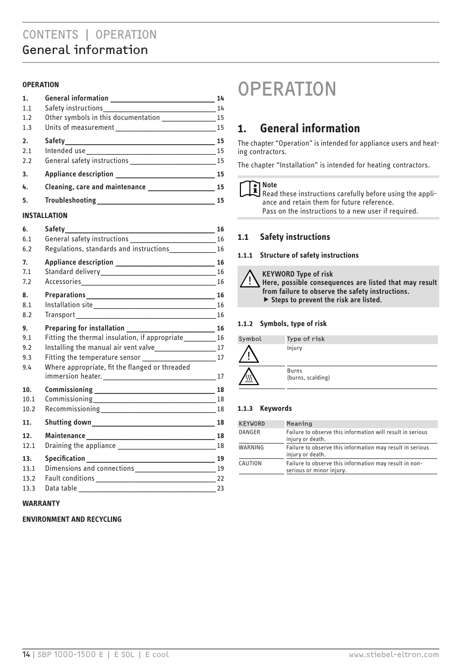 Operation, Contents | operation general information, General information | STIEBEL ELTRON SBP E с 12.04.2008 User Manual | Page 14 / 64