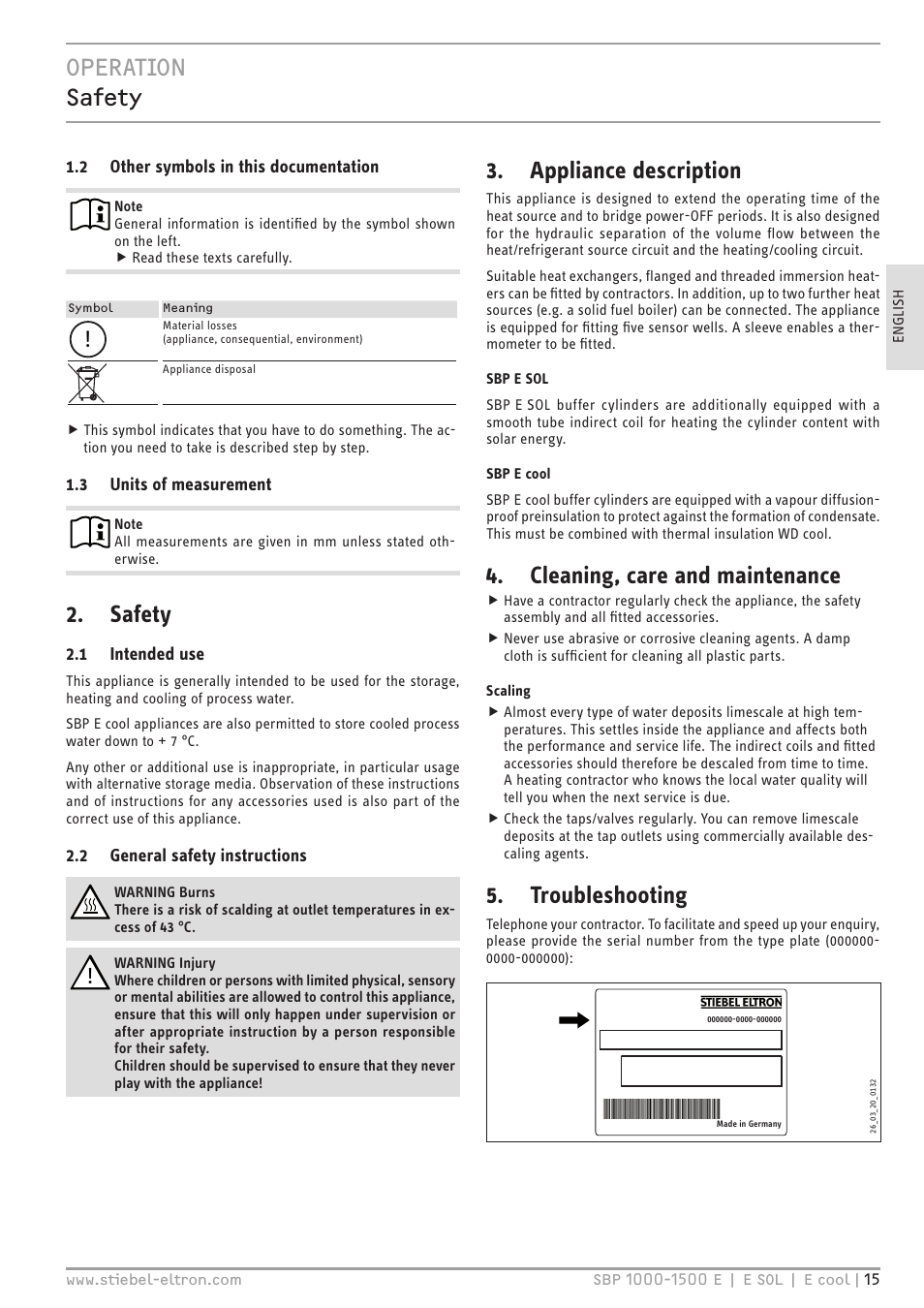 Operation safety, Safety, Appliance description | Cleaning, care and maintenance, Troubleshooting | STIEBEL ELTRON SBP E с 12.04.2008 User Manual | Page 15 / 64