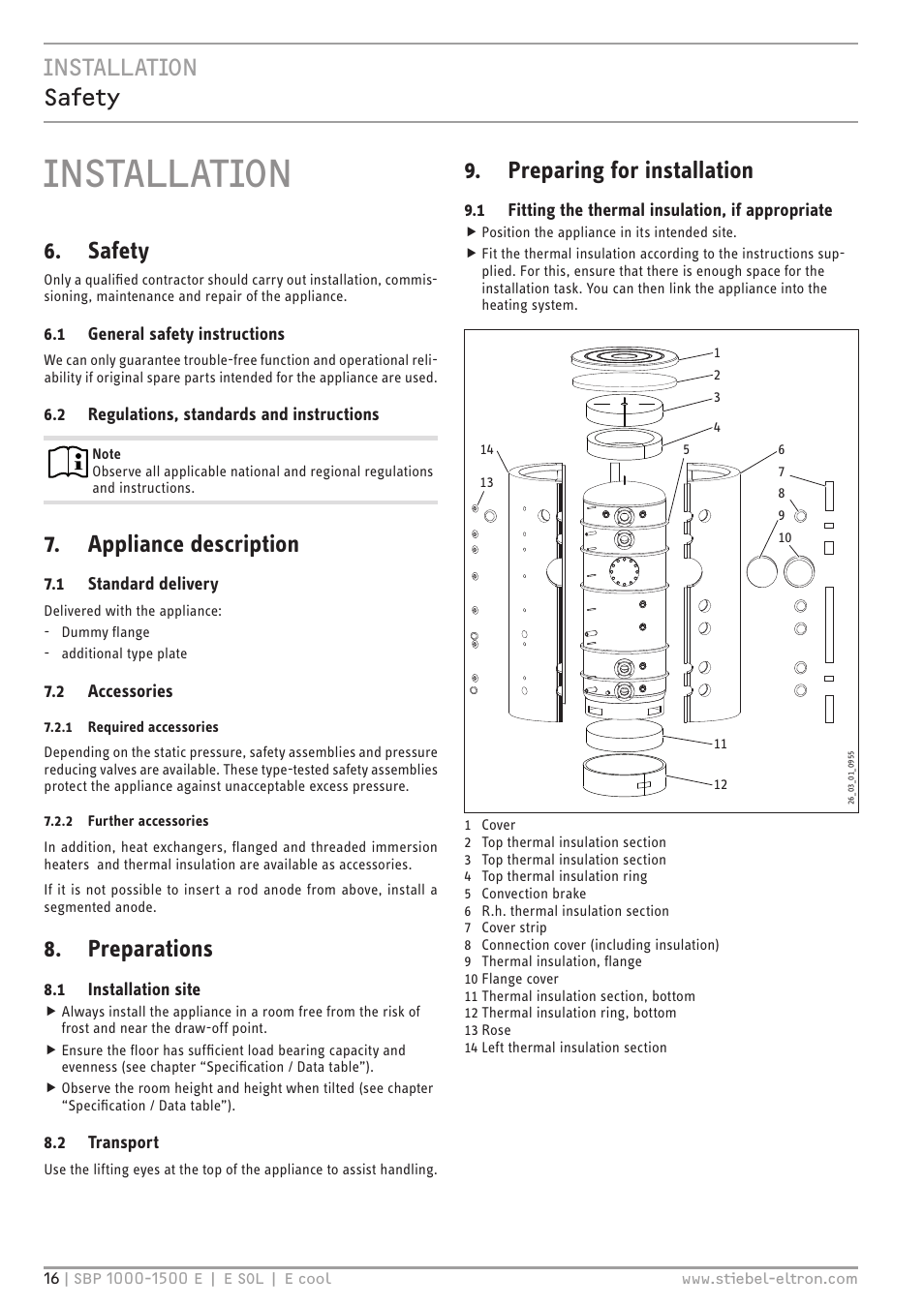 Installation, Installation safety, Safety | Appliance description, Preparations, Preparing for installation | STIEBEL ELTRON SBP E с 12.04.2008 User Manual | Page 16 / 64