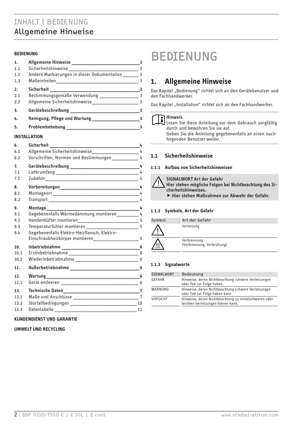 Bedienung, Inhalt | bedienung allgemeine hinweise, Allgemeine hinweise | STIEBEL ELTRON SBP E с 12.04.2008 User Manual | Page 2 / 64