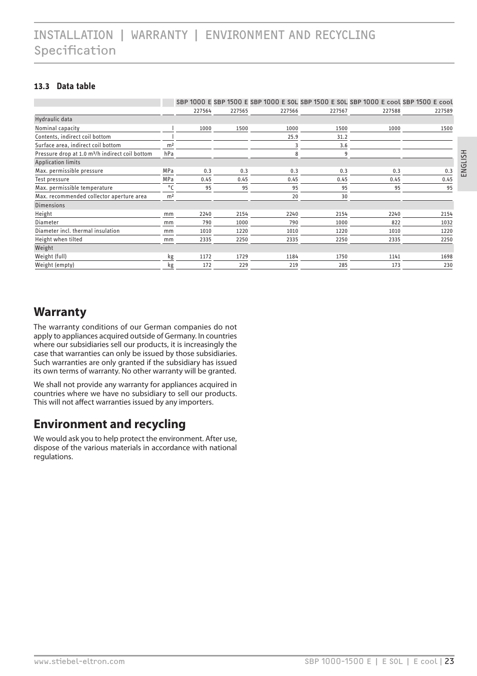 Warranty environment and recycling, Warranty, Environment and recycling | 3 data table | STIEBEL ELTRON SBP E с 12.04.2008 User Manual | Page 23 / 64