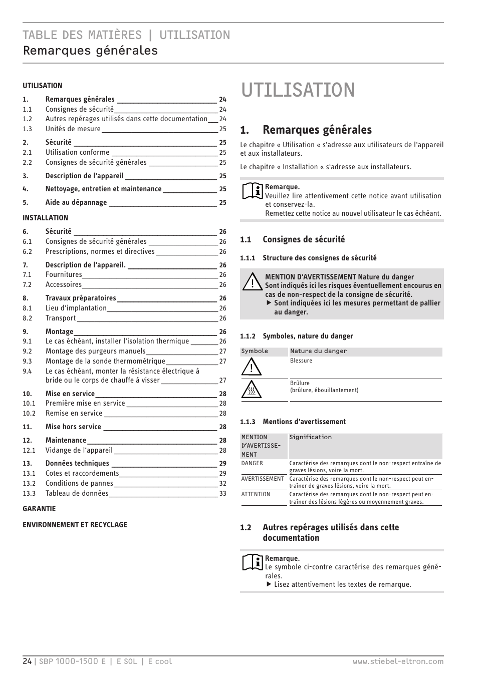 Utilisation, Remarques générales | STIEBEL ELTRON SBP E с 12.04.2008 User Manual | Page 24 / 64