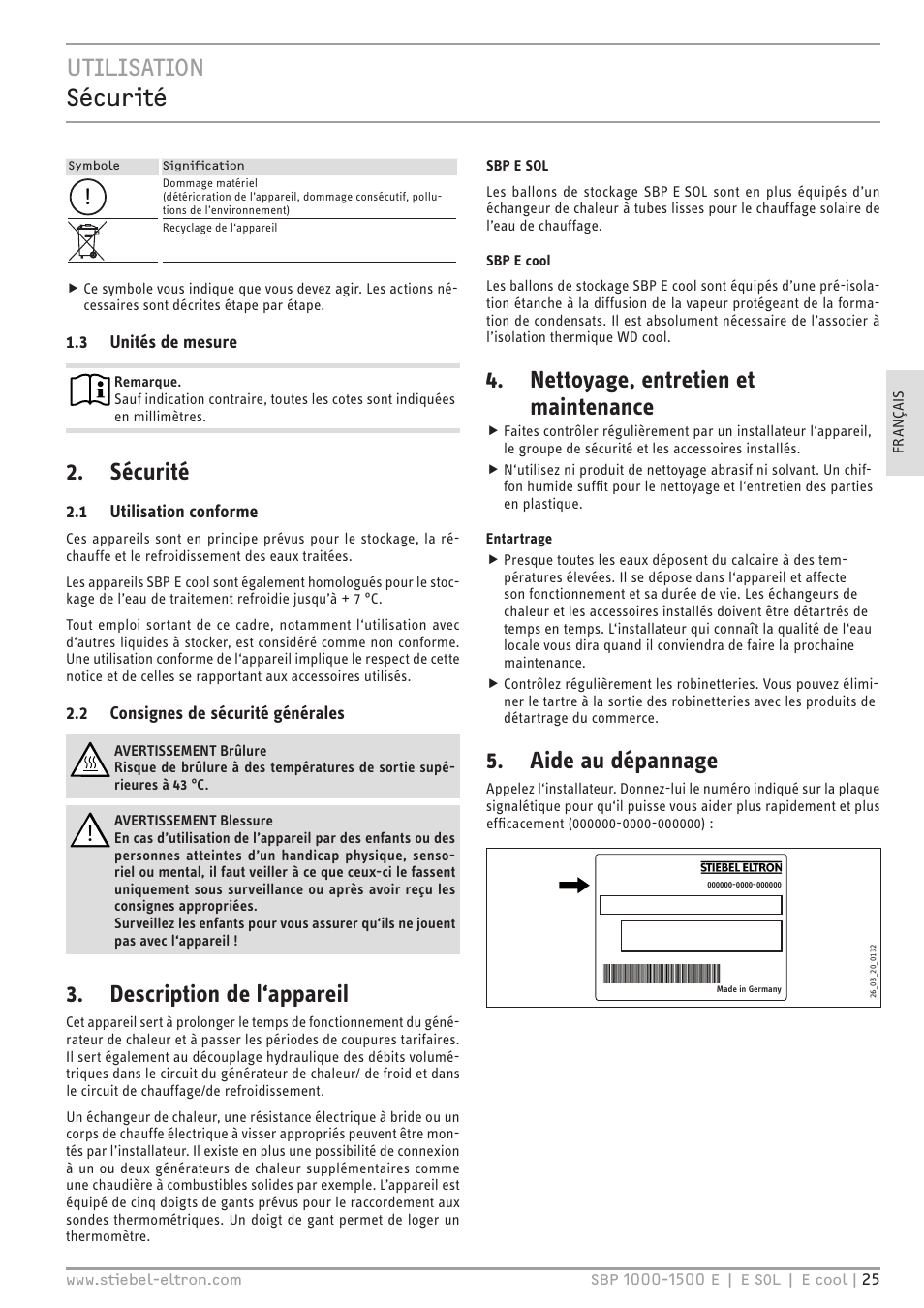 Utilisation sécurité, Sécurité, Description de l‘appareil | Nettoyage, entretien et maintenance, Aide au dépannage | STIEBEL ELTRON SBP E с 12.04.2008 User Manual | Page 25 / 64