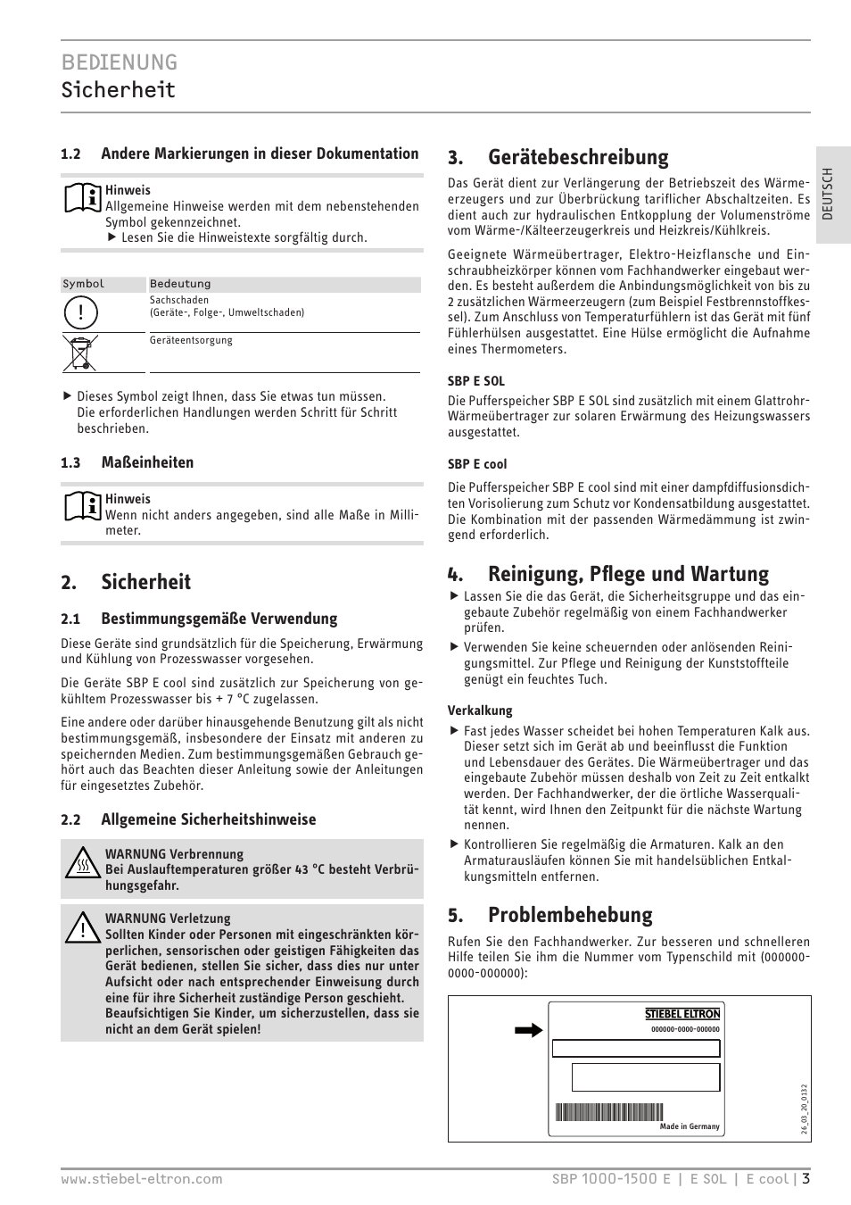 Bedienung sicherheit, Sicherheit, Gerätebeschreibung | Reinigung, pflege und wartung, Problembehebung | STIEBEL ELTRON SBP E с 12.04.2008 User Manual | Page 3 / 64