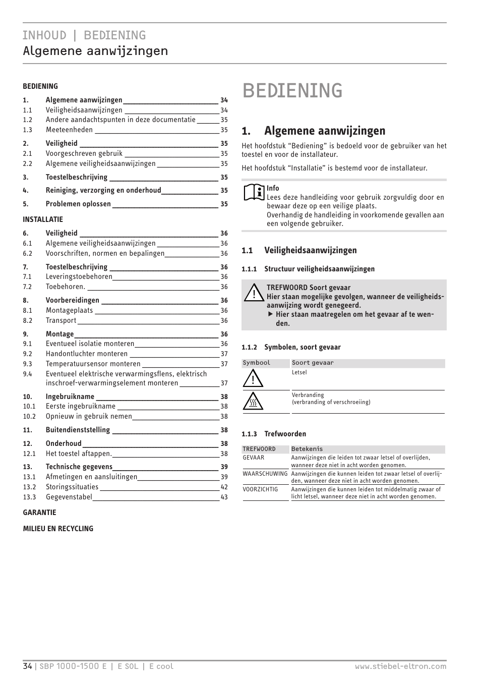 Bediening, Inhoud | bediening algemene aanwijzingen, Algemene aanwijzingen | STIEBEL ELTRON SBP E с 12.04.2008 User Manual | Page 34 / 64