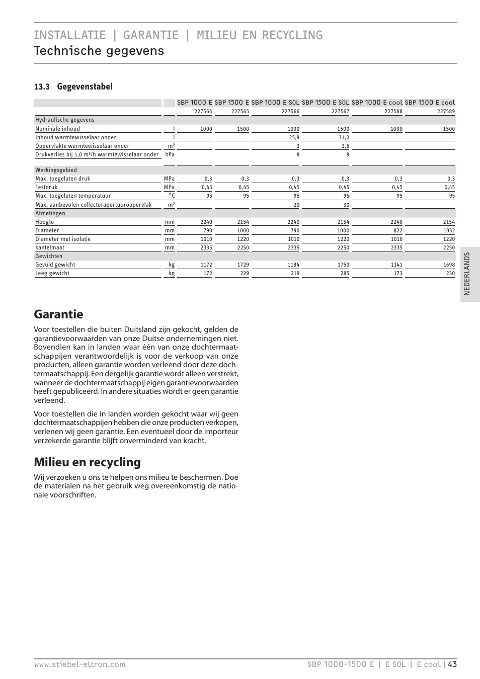 Garantie milieu en recycling, Milieu en recycling, 3 gegevenstabel | STIEBEL ELTRON SBP E с 12.04.2008 User Manual | Page 43 / 64