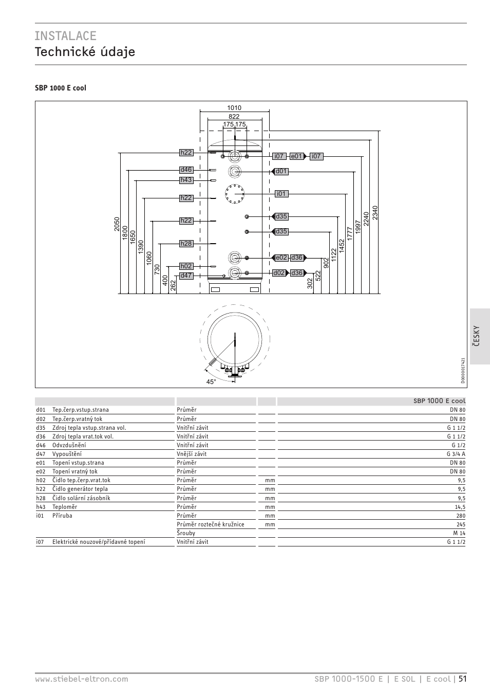 Instalace technické údaje, Sbp 1000 e cool | STIEBEL ELTRON SBP E с 12.04.2008 User Manual | Page 51 / 64