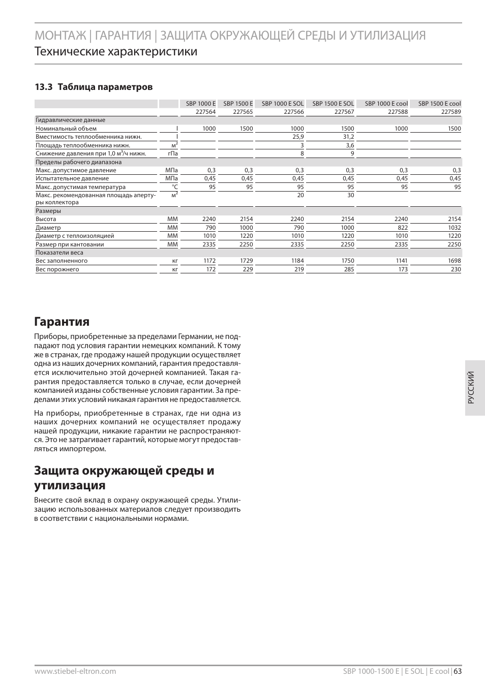 Гарантия защита окружающей среды и утилизация, Гарантия, Защита окружающей среды и утилизация | 3 таблица параметров | STIEBEL ELTRON SBP E с 12.04.2008 User Manual | Page 63 / 64