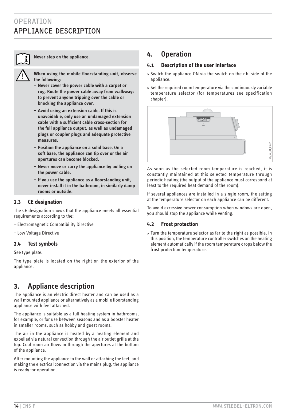 Htv`.hc tt<.c zv.t`.hc, Appliance description, Operation | STIEBEL ELTRON CNS F с 01.03.2010 User Manual | Page 14 / 76