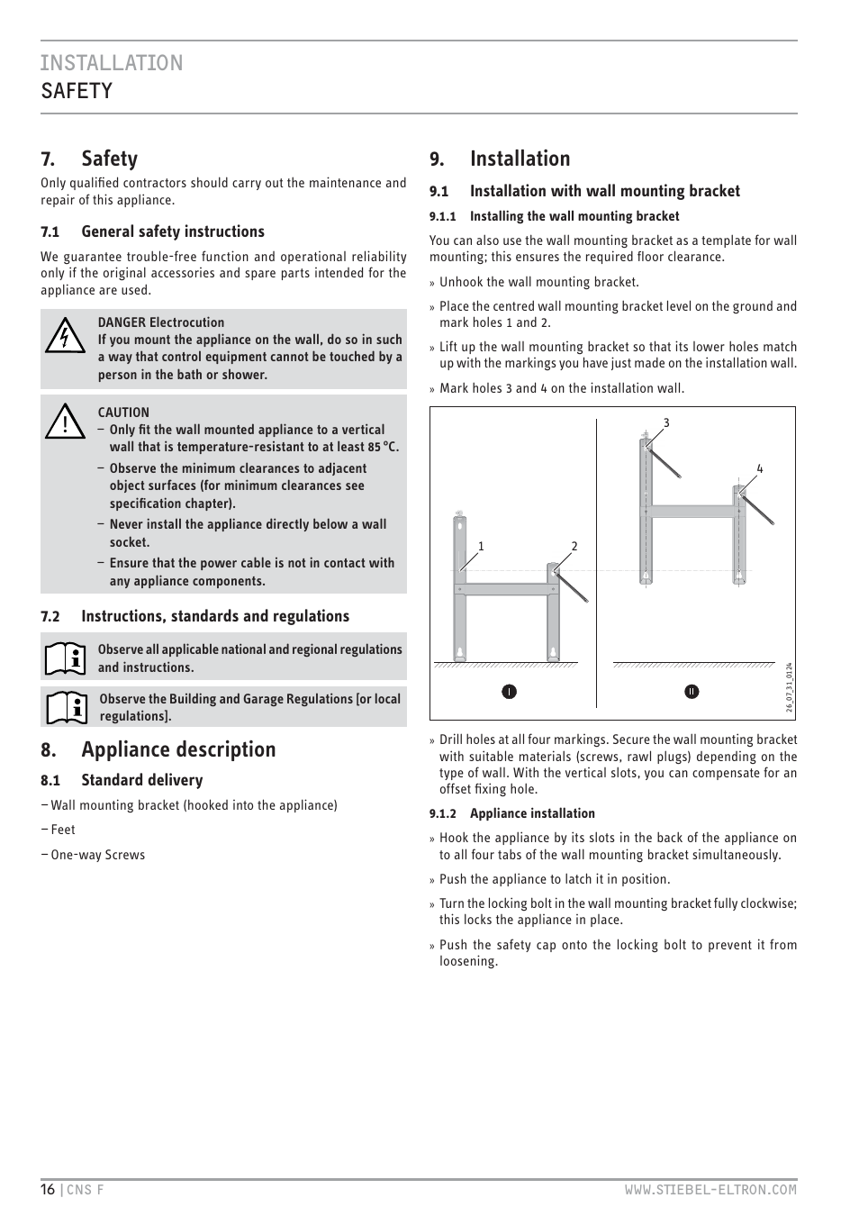 Cz`<<`.hc z%`t 7. safety, Appliance description, Installation | STIEBEL ELTRON CNS F с 01.03.2010 User Manual | Page 16 / 76