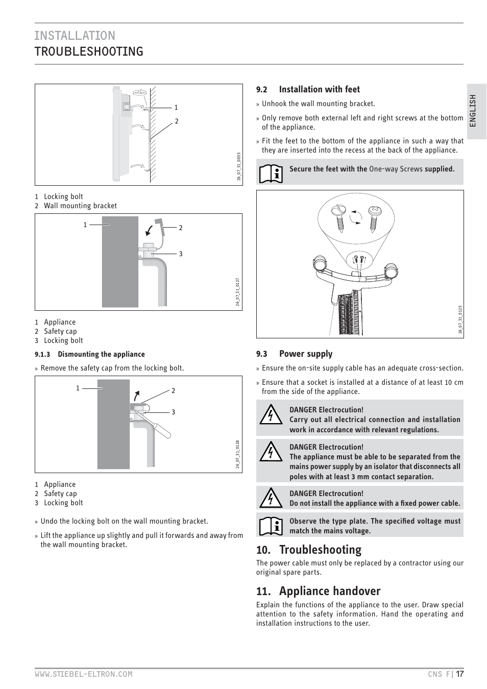 Cz`<<`.hc `vhe <z+hh`.c, Troubleshooting, Appliance handover | 2 installation with feet, 3 power supply | STIEBEL ELTRON CNS F с 01.03.2010 User Manual | Page 17 / 76