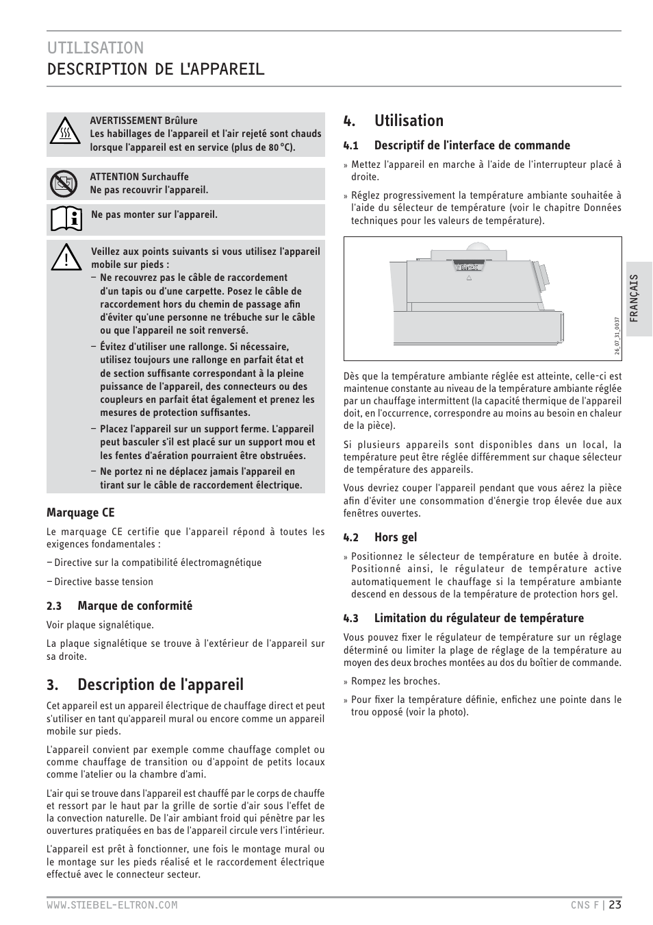 E`.<.z`.hc zv.t`.hc  <ļttv, Description de l'appareil, Utilisation | STIEBEL ELTRON CNS F с 01.03.2010 User Manual | Page 23 / 76