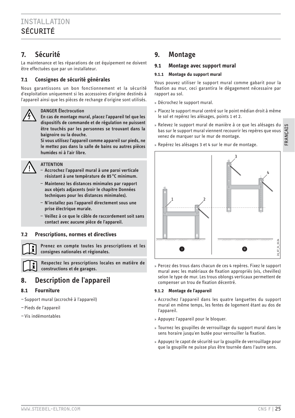 Cz`<<`.hc zev.` 7. sécurité, Description de l'appareil, Montage | STIEBEL ELTRON CNS F с 01.03.2010 User Manual | Page 25 / 76