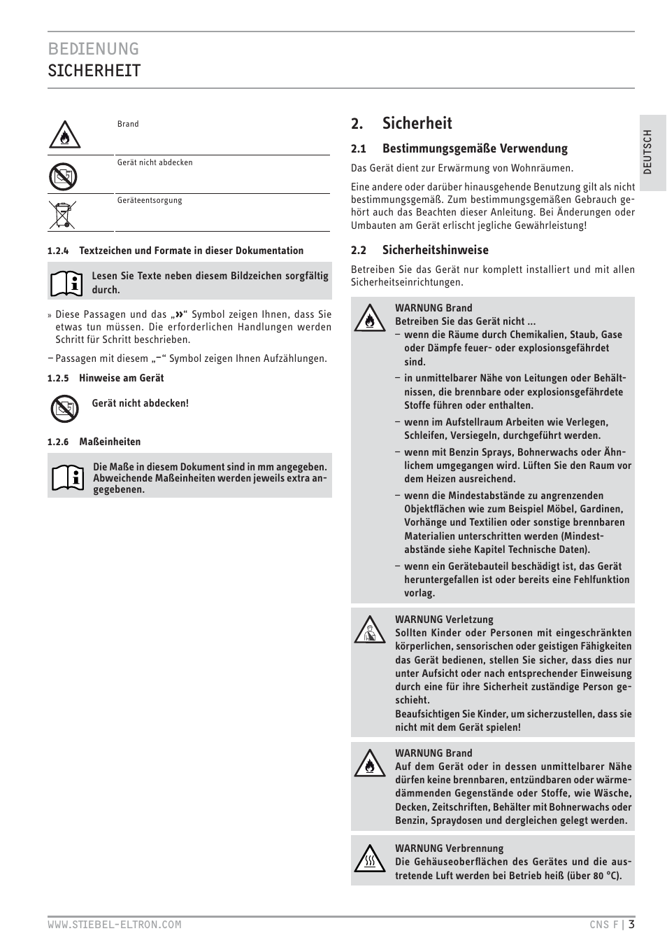 Cec& z.+v, Sicherheit | STIEBEL ELTRON CNS F с 01.03.2010 User Manual | Page 3 / 76