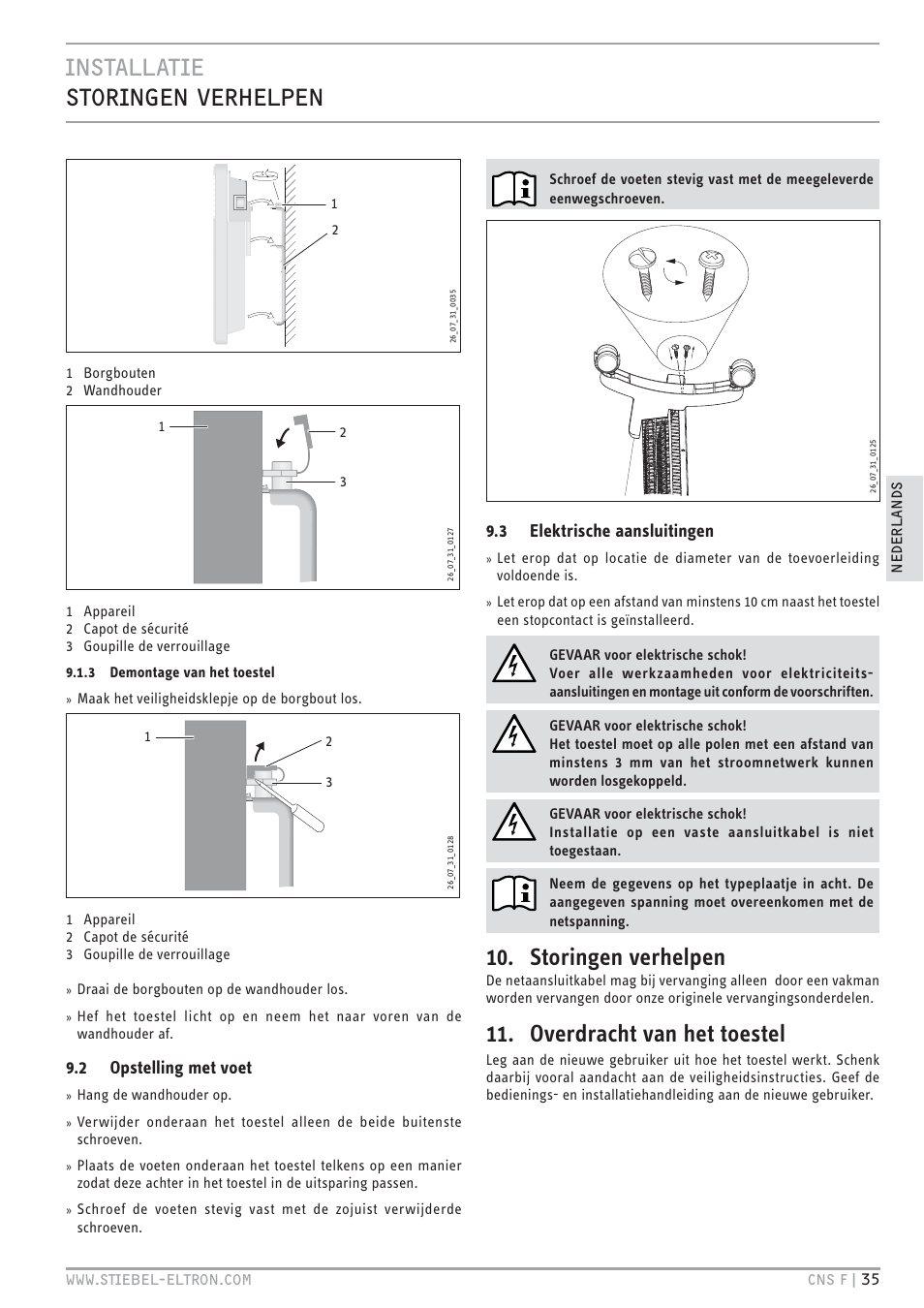 Cz`<<`. z`hv.c&c pv+<tc, Storingen verhelpen, Overdracht van het toestel | 2 opstelling met voet, 3 elektrische aansluitingen | STIEBEL ELTRON CNS F с 01.03.2010 User Manual | Page 35 / 76